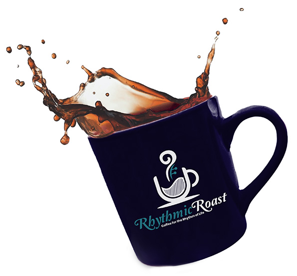 Rhythmic Roast Logo on a cup of coffee